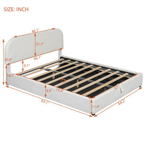 White Boucle Upholstered Queen Bed Frame With Hydraulic Lift Storage