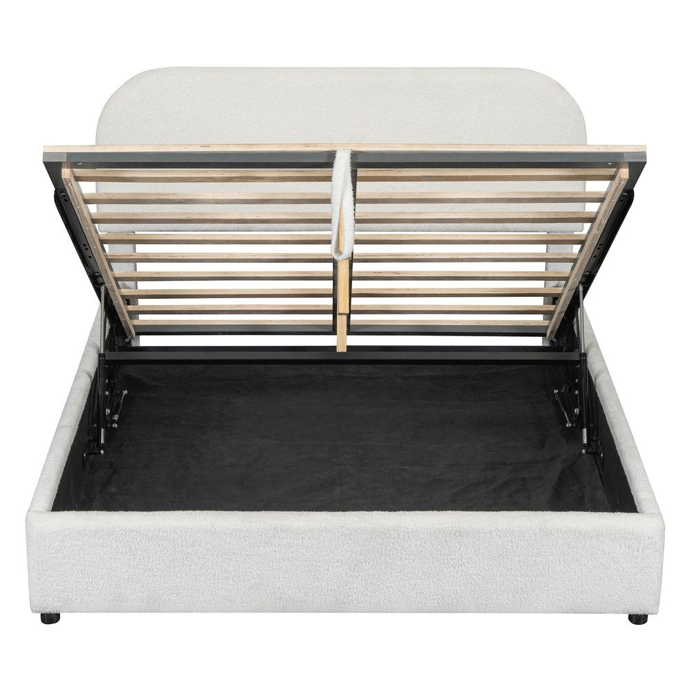 White Boucle Upholstered Queen Bed Frame With Hydraulic Lift Storage