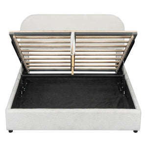 White Boucle Upholstered Queen Bed Frame With Hydraulic Lift Storage