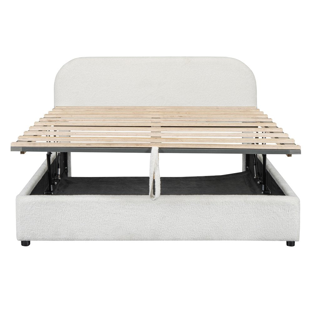 White Boucle Upholstered Queen Bed Frame With Hydraulic Lift Storage