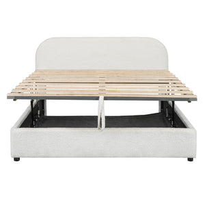 White Boucle Upholstered Queen Bed Frame With Hydraulic Lift Storage