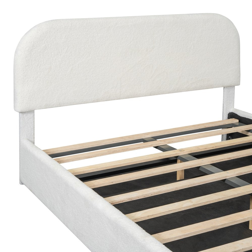 White Boucle Upholstered Queen Bed Frame With Hydraulic Lift Storage