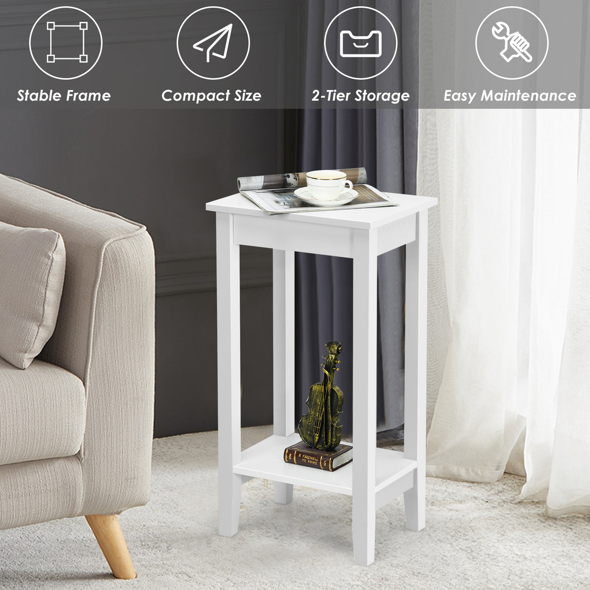 Set of 2 Versatile 2-Tier End Table with Storage Shelf-White