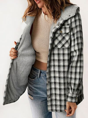 Plaid Snap Down Plush Hooded Jacket Soft & Warm Women Outerwear Cozy And Comfortable Jacket