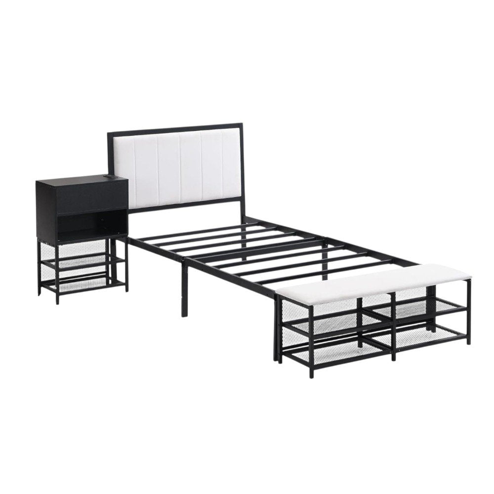 Black and White Metal And Tufted Upholstery Upholstered Twin Bed Frame