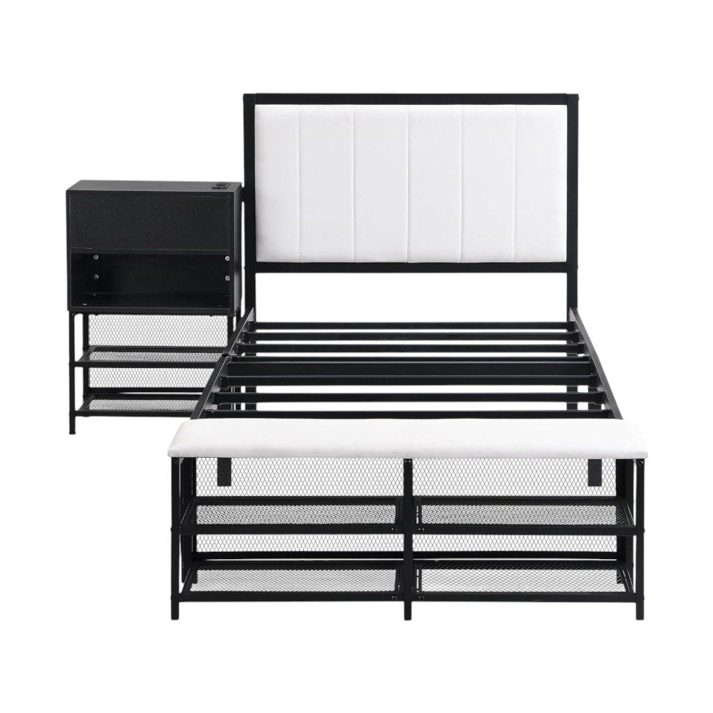 Black and White Metal And Tufted Upholstery Upholstered Twin Bed Frame