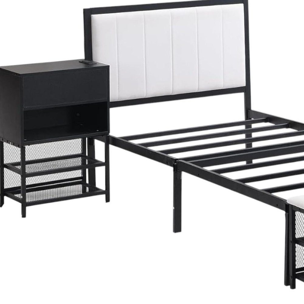 Black and White Metal And Tufted Upholstery Upholstered Twin Bed Frame