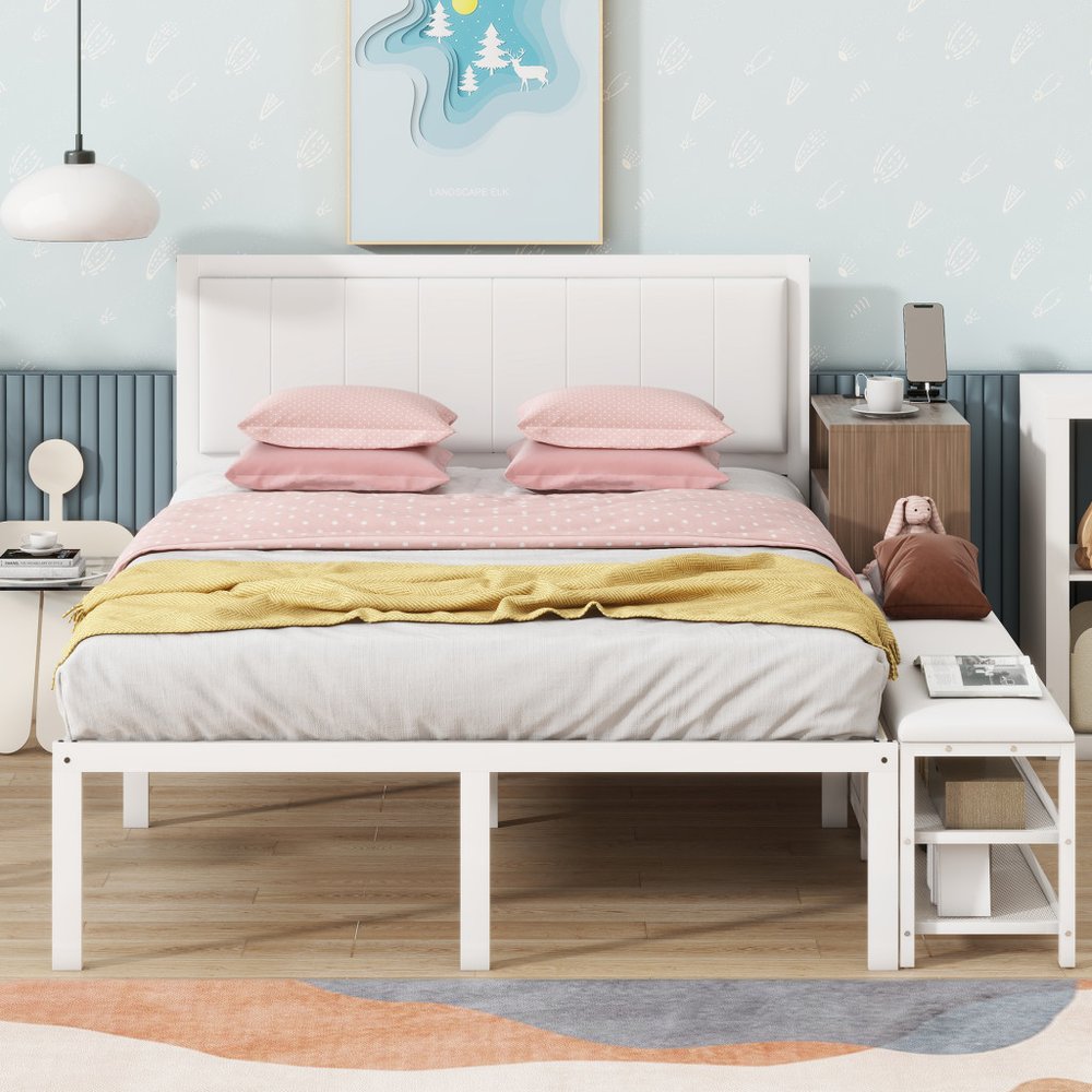 White Metal And Tufted Upholstery Upholstered Full Bed Frame