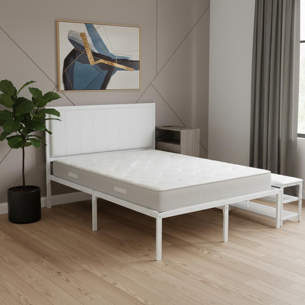 White Metal And Tufted Upholstery Upholstered Full Bed Frame