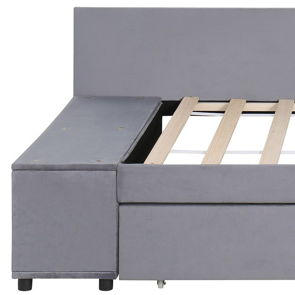 Gray Tufted Velvet Upholstered Twin Bed Frame With Drawers
