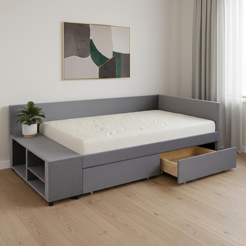 Gray Tufted Velvet Upholstered Twin Bed Frame With Drawers