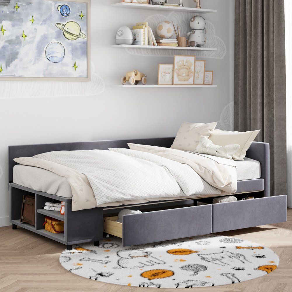 Gray Tufted Velvet Upholstered Twin Bed Frame With Drawers
