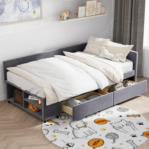 Gray Tufted Velvet Upholstered Twin Bed Frame With Drawers