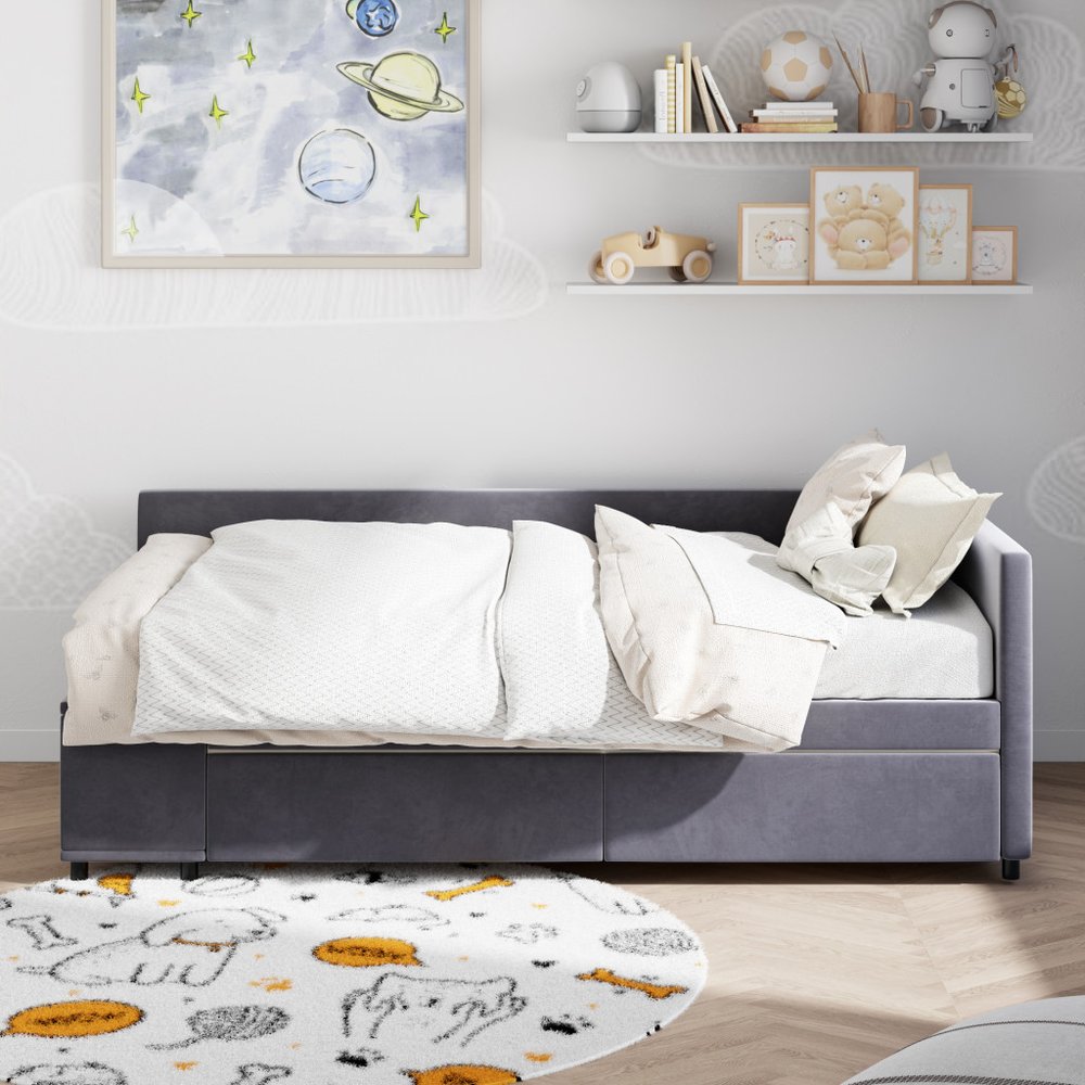 Gray Tufted Velvet Upholstered Twin Bed Frame With Drawers