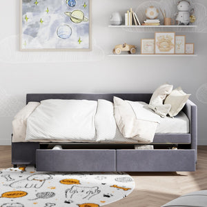 Gray Tufted Velvet Upholstered Twin Bed Frame With Drawers