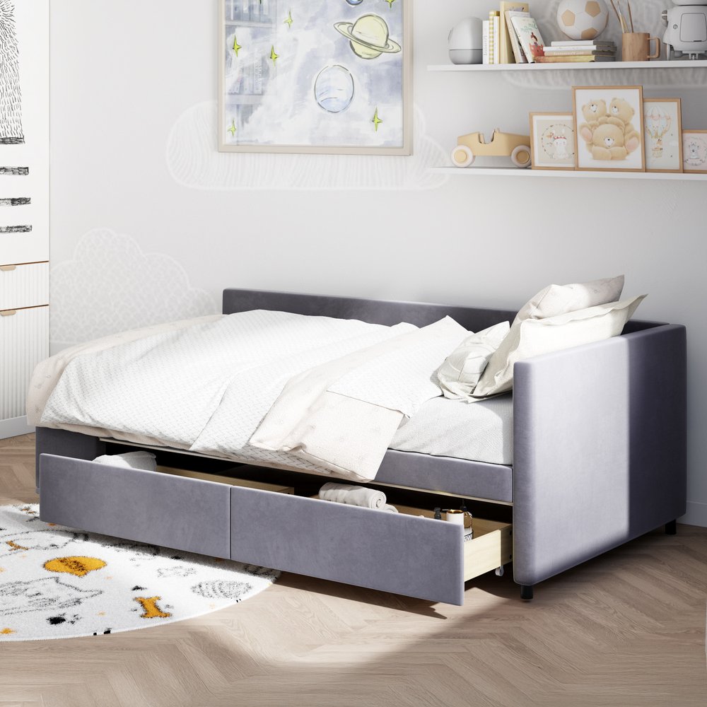 Gray Tufted Velvet Upholstered Twin Bed Frame With Drawers