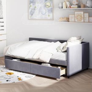 Gray Tufted Velvet Upholstered Twin Bed Frame With Drawers