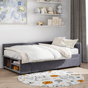 Gray Tufted Velvet Upholstered Twin Bed Frame With Drawers