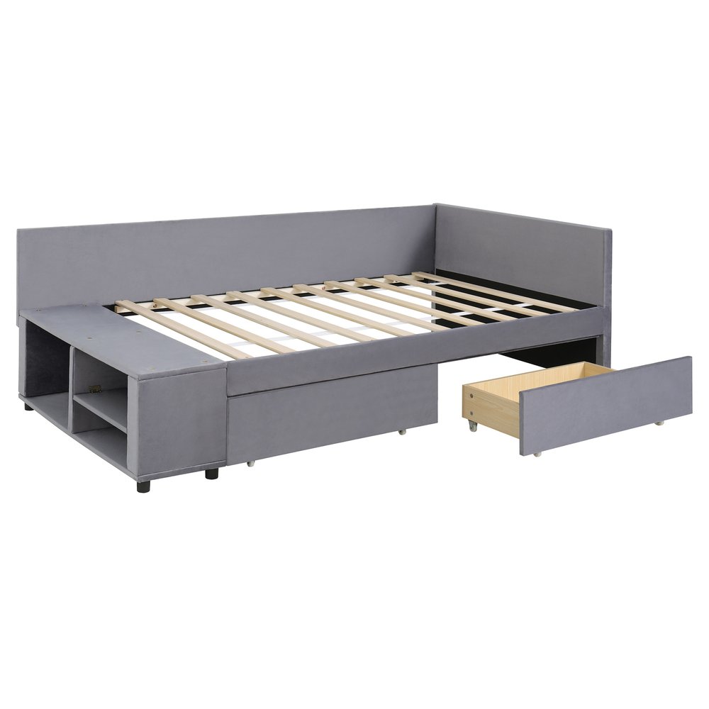 Gray Tufted Velvet Upholstered Twin Bed Frame With Drawers