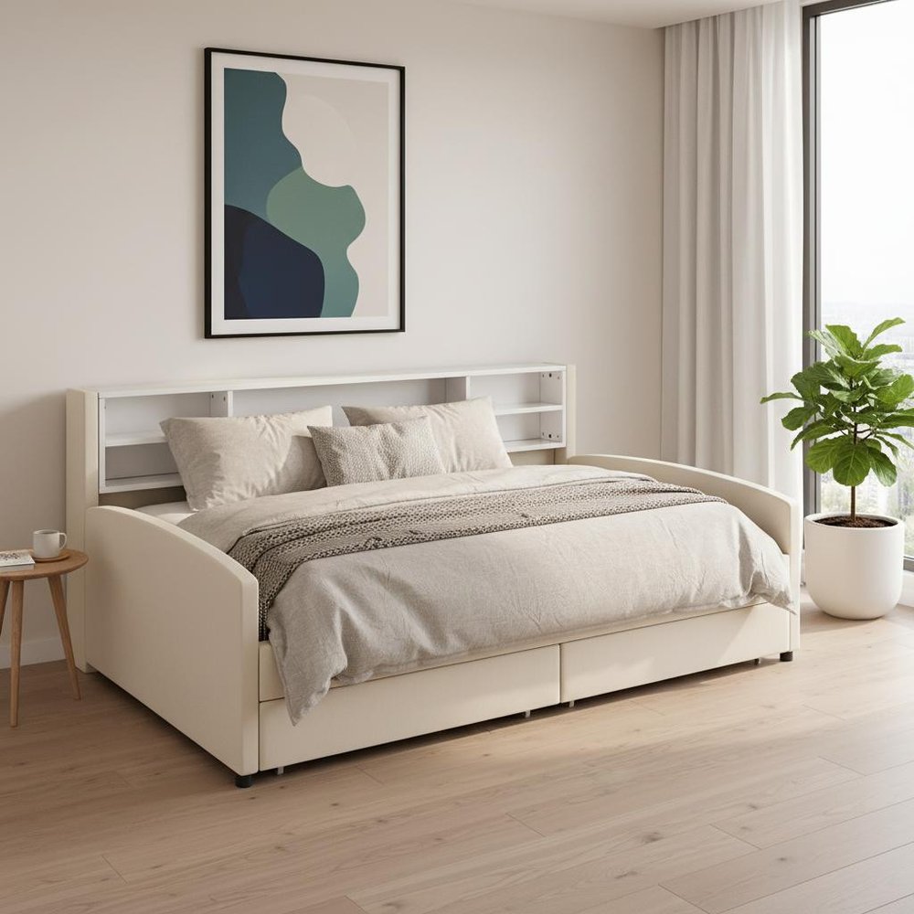 Beige Tufted Velvet Upholstered Twin Bed Frame With Drawers