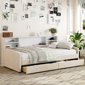 Beige Tufted Velvet Upholstered Twin Bed Frame With Drawers