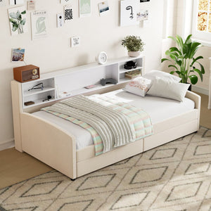 Beige Tufted Velvet Upholstered Twin Bed Frame With Drawers