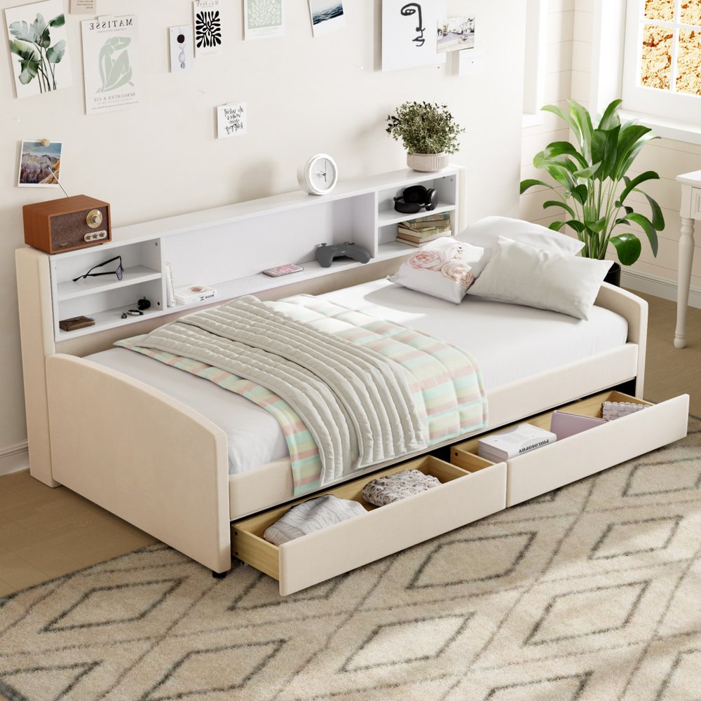 Beige Tufted Velvet Upholstered Twin Bed Frame With Drawers