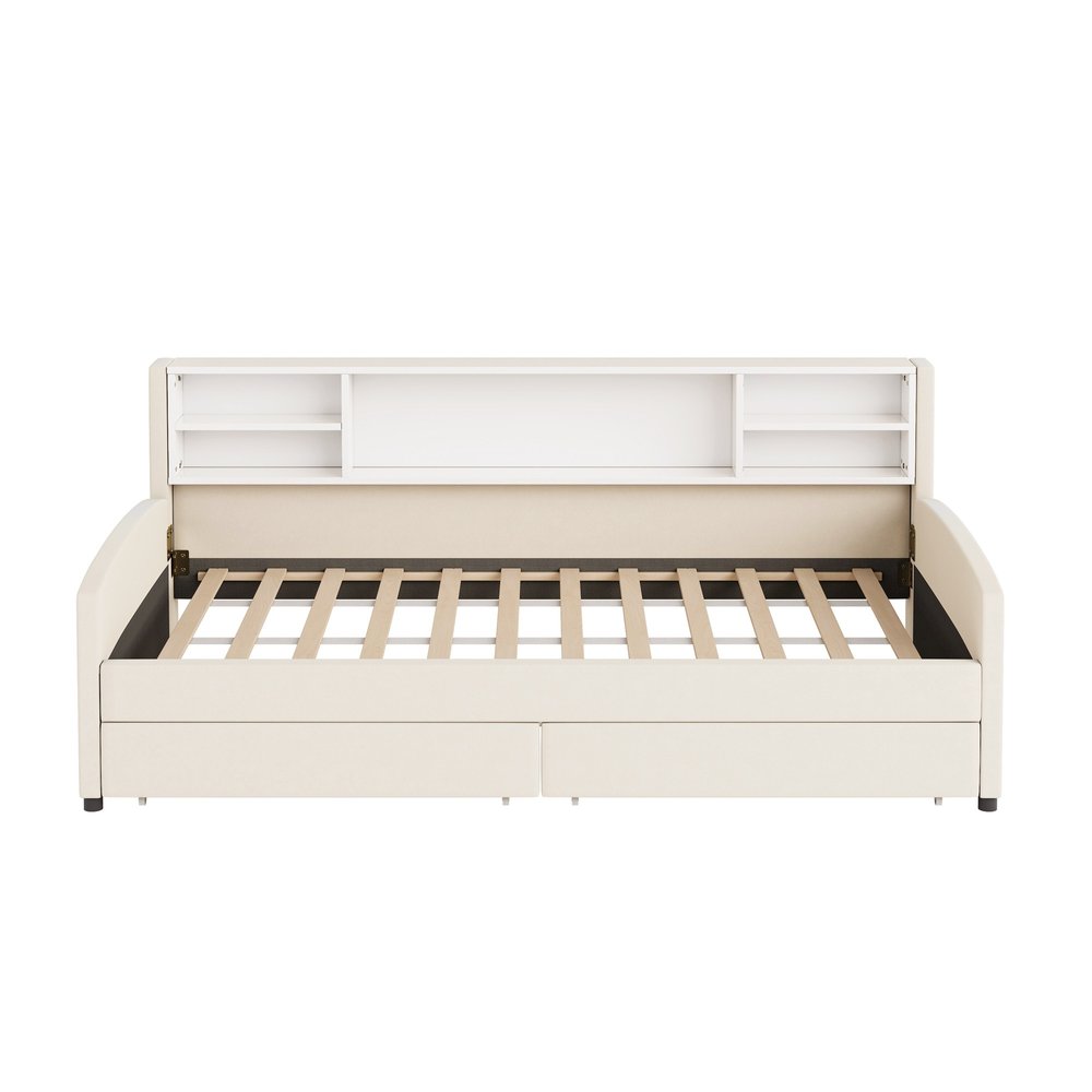 Beige Tufted Velvet Upholstered Twin Bed Frame With Drawers