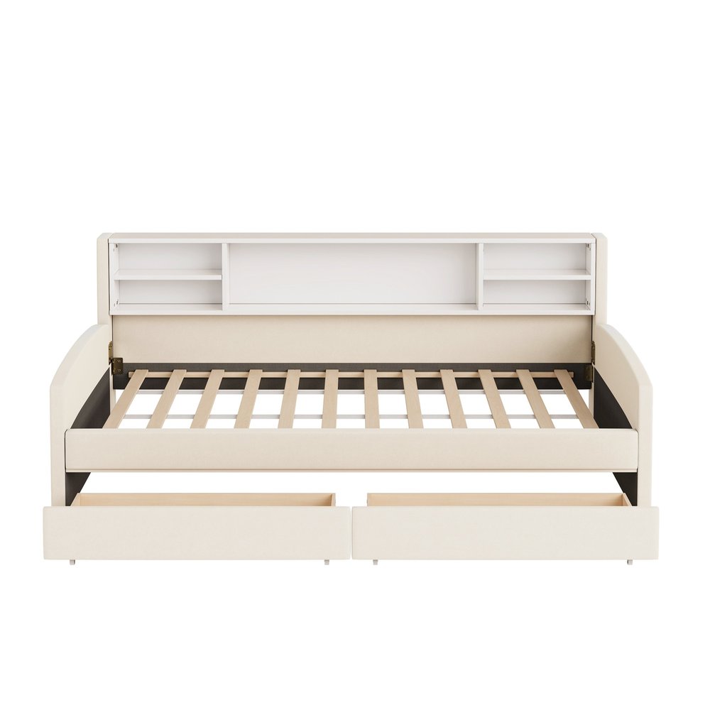 Beige Tufted Velvet Upholstered Twin Bed Frame With Drawers