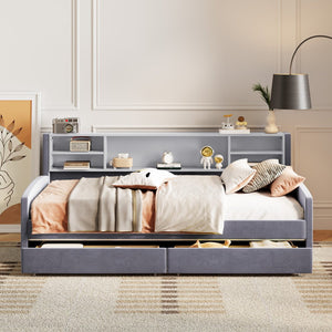 Gray Tufted Velvet Upholstered Twin Bed Frame With Drawers