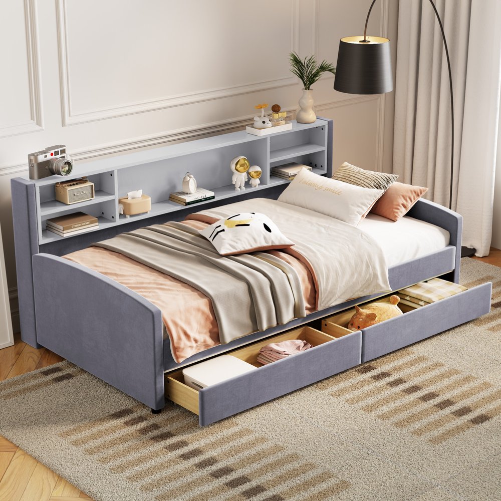 Gray Tufted Velvet Upholstered Twin Bed Frame With Drawers
