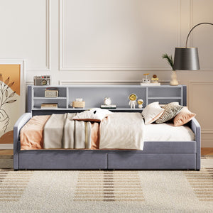 Gray Tufted Velvet Upholstered Twin Bed Frame With Drawers