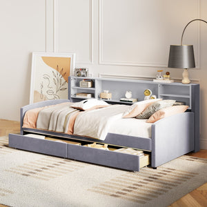 Gray Tufted Velvet Upholstered Twin Bed Frame With Drawers