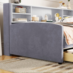 Gray Tufted Velvet Upholstered Twin Bed Frame With Drawers