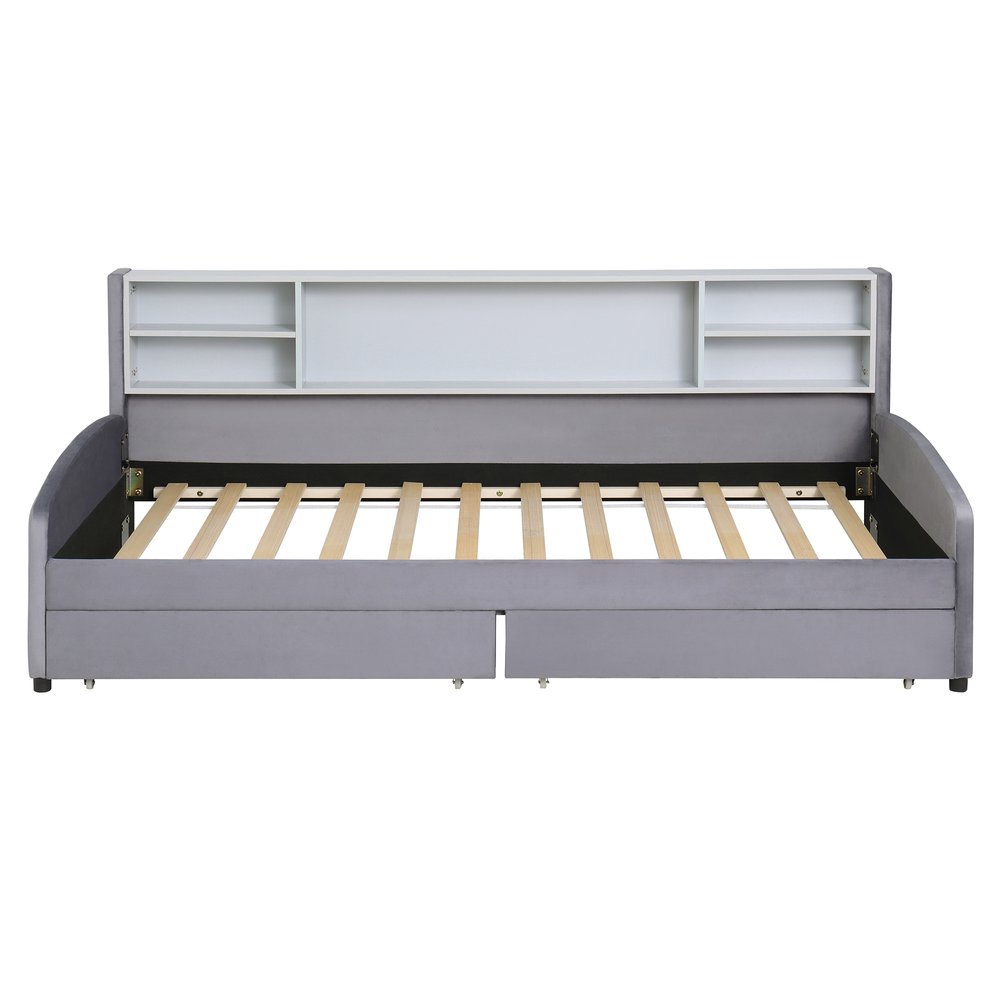 Gray Tufted Velvet Upholstered Twin Bed Frame With Drawers