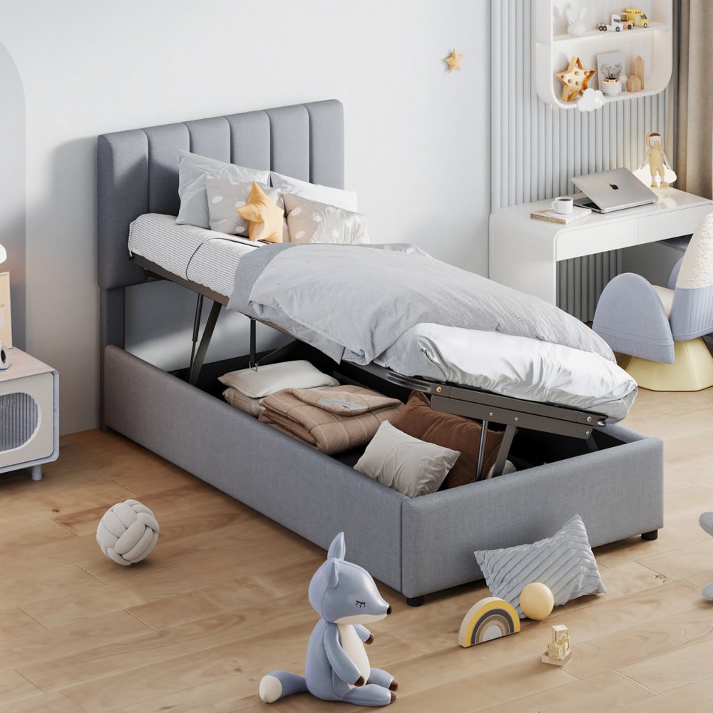 Gray Tufted Upholstered Twin Bed Frame With Trundle