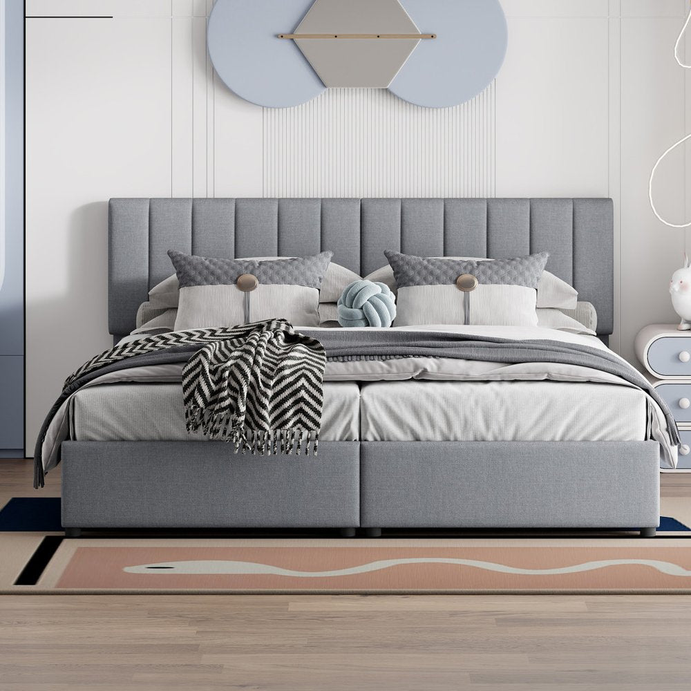 Gray Tufted Upholstered King Bed Frame