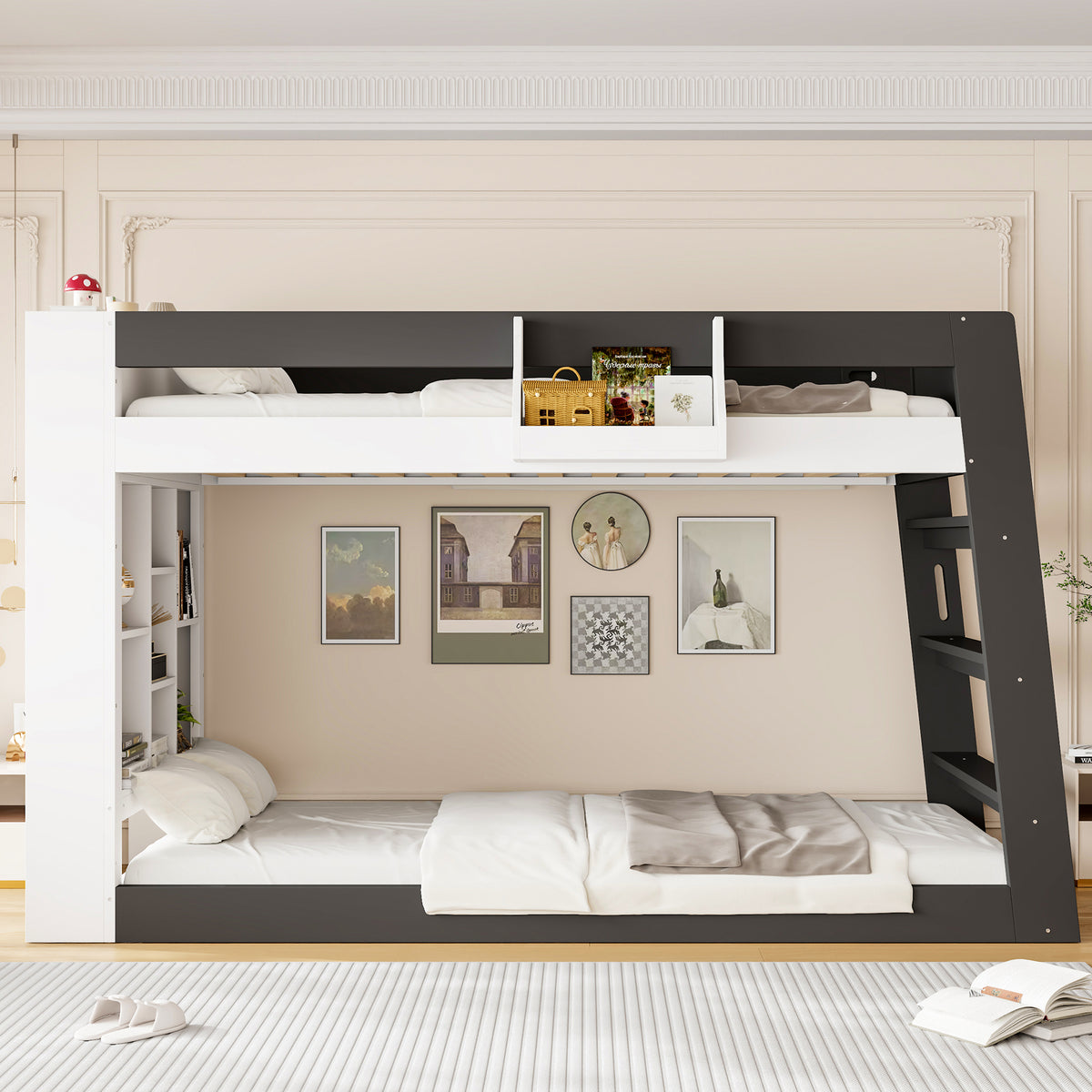 Twin Over Twin XL Bunk Bed with Storage Shelves & Guardrail Storage Basket, White+Black