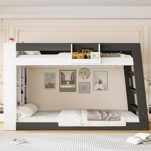 Twin Over Twin XL Bunk Bed with Storage Shelves & Guardrail Storage Basket, White+Black