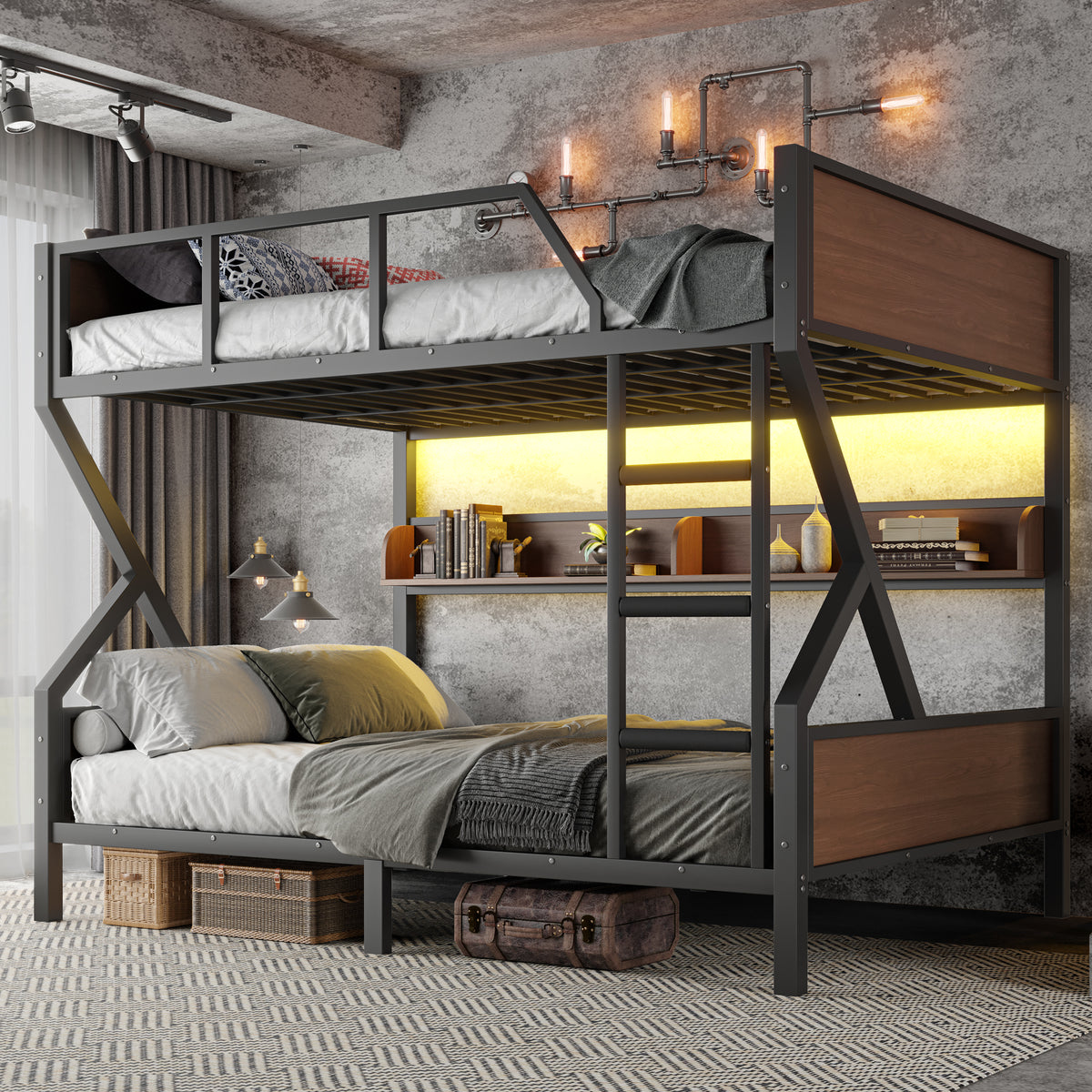 Queen over Queen Bunk Bed, Metal Bunk Bed featuring Storage Shelves and Lights, Space-Saving, Noise-Free Design, Black
