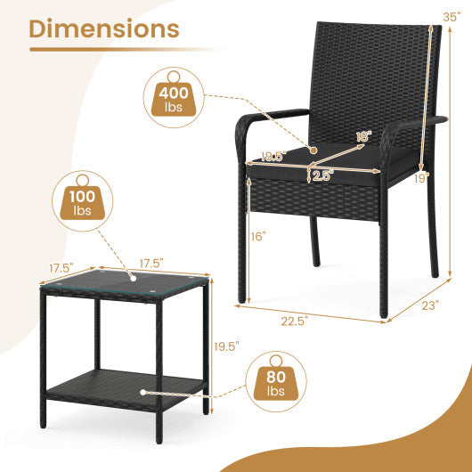 3 Piece Patio Furniture Set with Seat Cushions and Tempered Glass Tabletop-Black