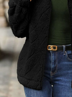 Women's Fuzzy Zip-Up Jacket with Pockets – Soft & Cozy Long Sleeve Outerwear