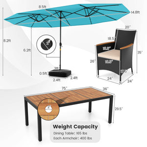 11 Pieces Patio Dining Set with LED Patio Umbrella with Base and Seat Cushions (Beige)-Turquoise
