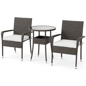 3-Piece Patio Furniture Set PE Rattan Wicker Chairs with Tempered Glass Top Table-White