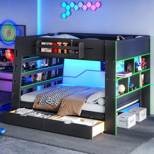 Full Over Full Bunk Bed with LED Lights, Bookcase Headboard & Storage Drawers, Space-Saving Bunk Bed Frame with Built-in Shelves & Guardrail for Bedroom Apartment, Black