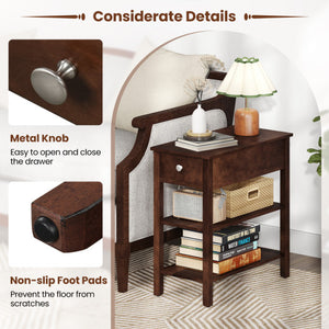 3-Tier Narrow End Table with Drawer and Storage Shelves Set of 2-Walnut