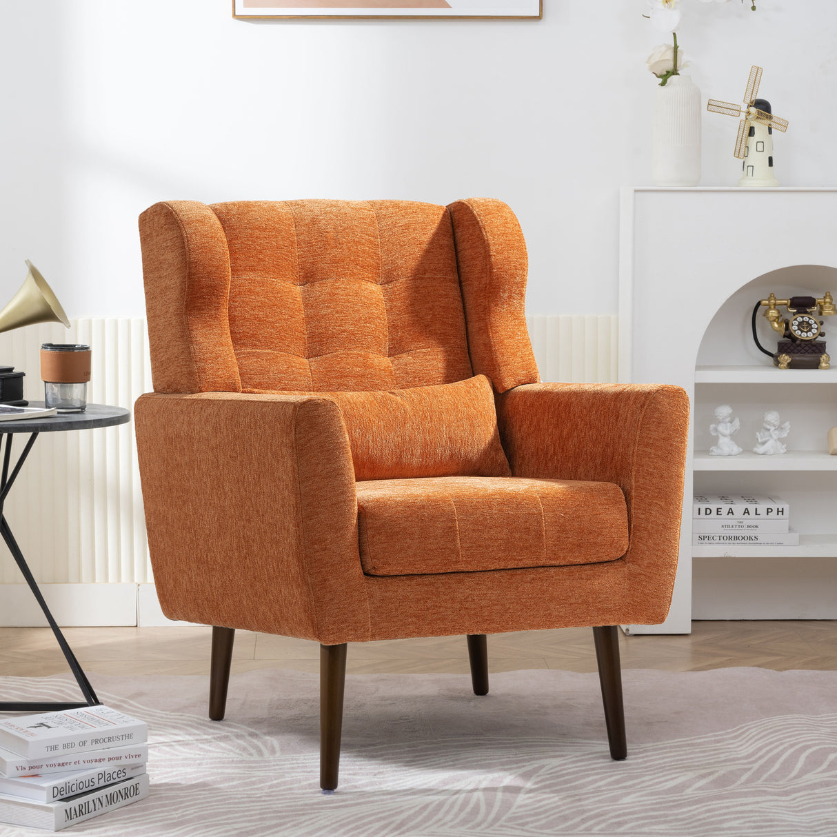 Modern Accent Chair, Chenille Arm Chairs For Living Room, Upholstered Mordern Armchair, Comfy Soft Padded Lounge Chair In Small Space, Bedroom, With Pillow, Solid Wood Leg by Couch.com