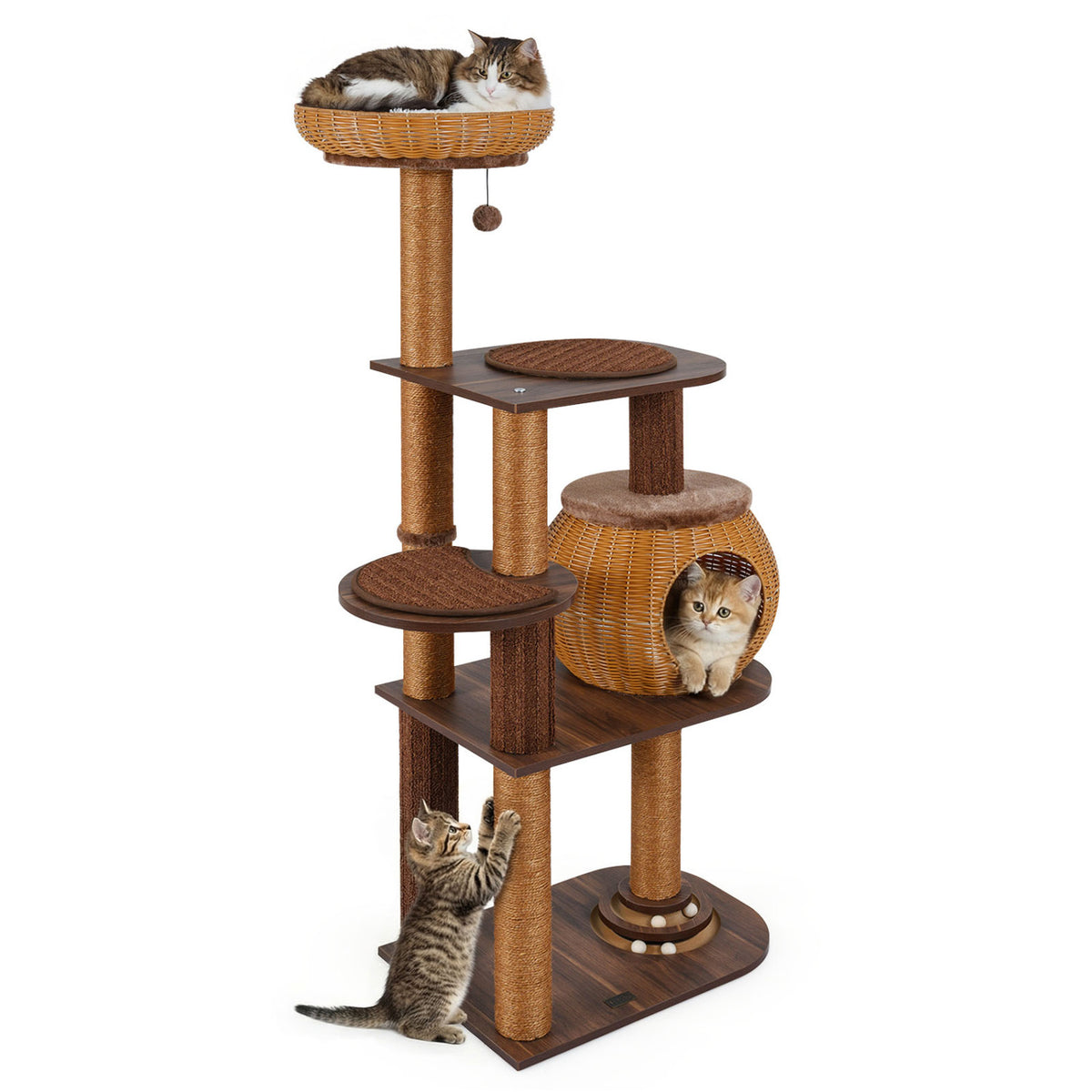 59.5 Inch Cat Tree Multi-Level Cat Tower with PE Rattan Cat Condo and Top Perch-Brown