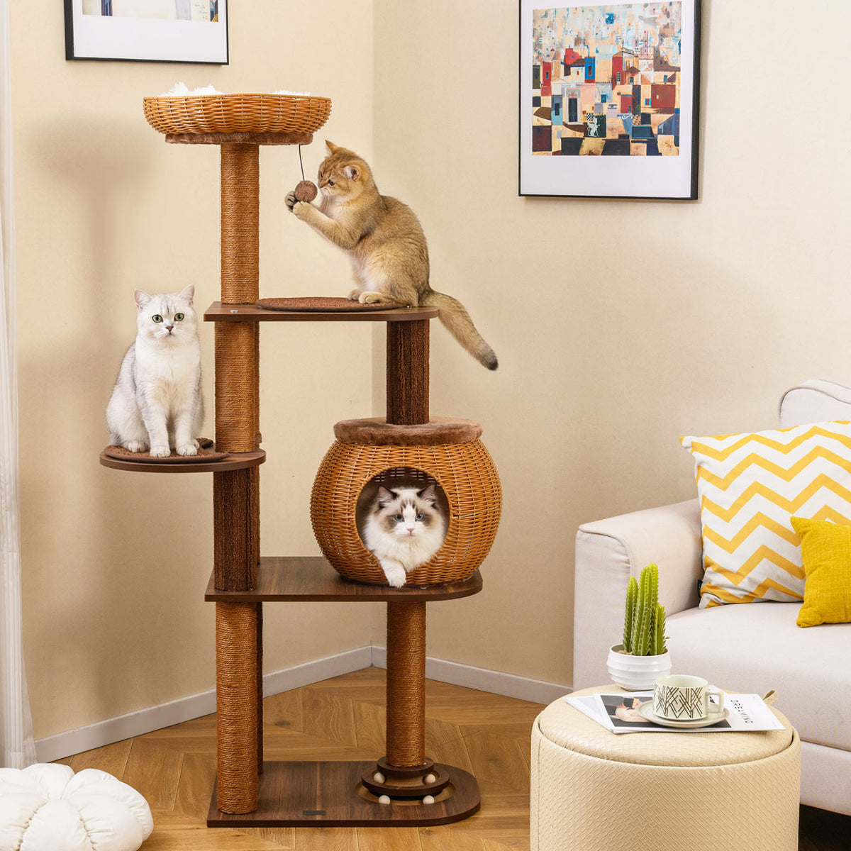 59.5 Inch Cat Tree Multi-Level Cat Tower with PE Rattan Cat Condo and Top Perch-Brown
