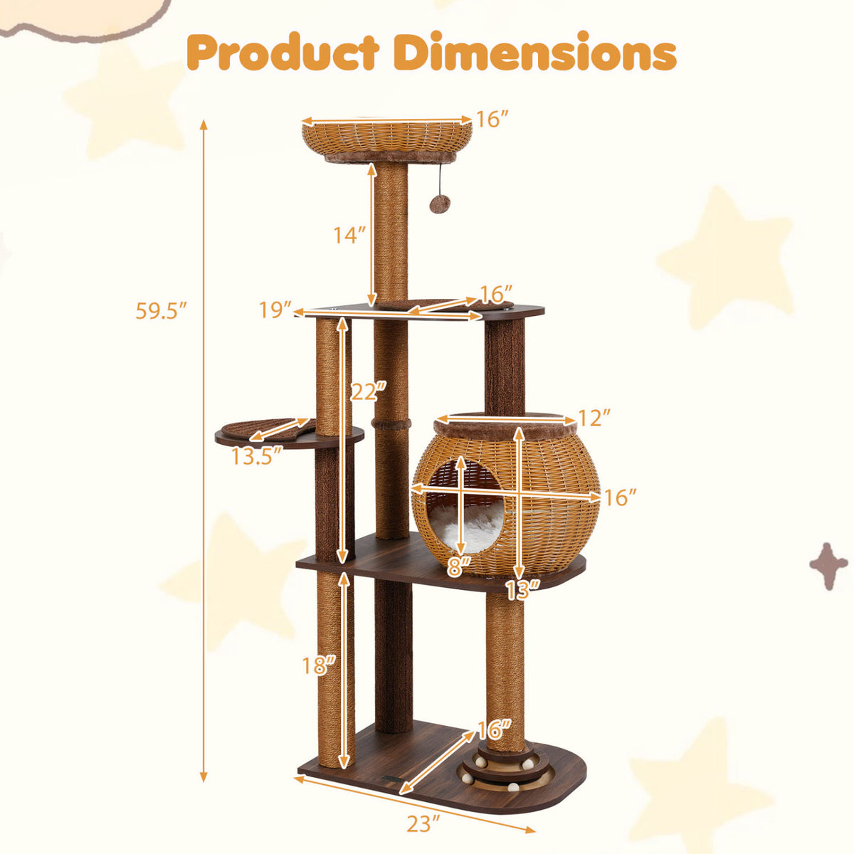 59.5 Inch Cat Tree Multi-Level Cat Tower with PE Rattan Cat Condo and Top Perch-Brown